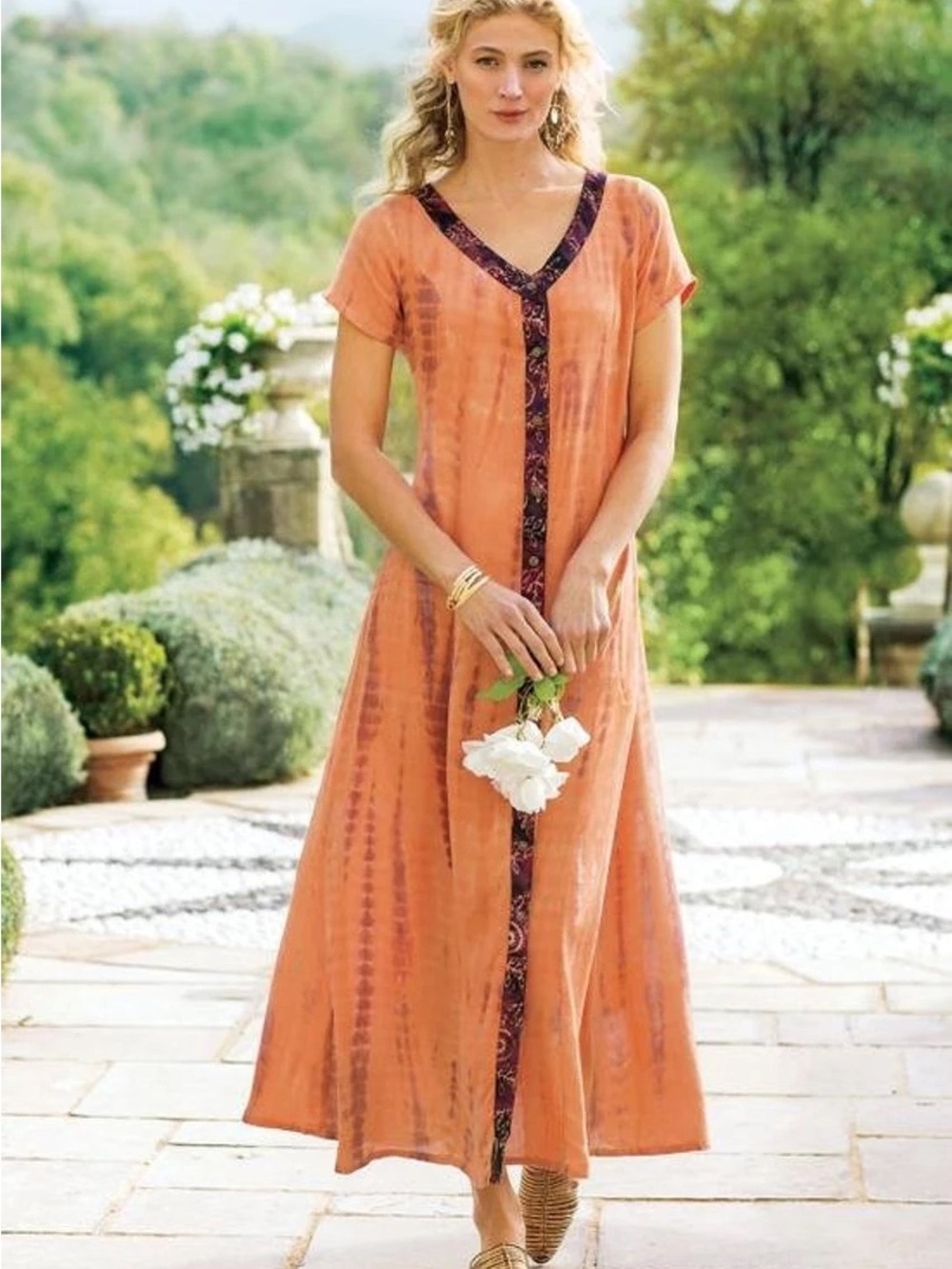 Soft Surroundings Coral Maxi Dress/Caftan with Contrast Trim